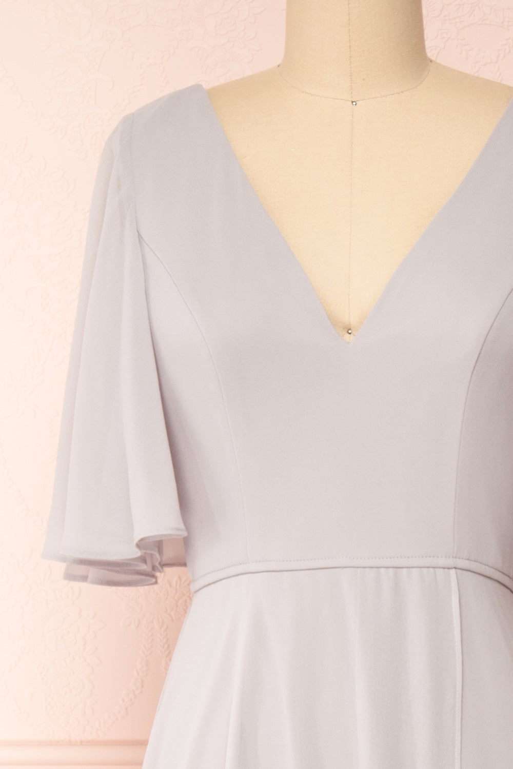 Adelphia Grey Short Sleeve Chiffon Maxi Dress | Boutique 1861  front close-up