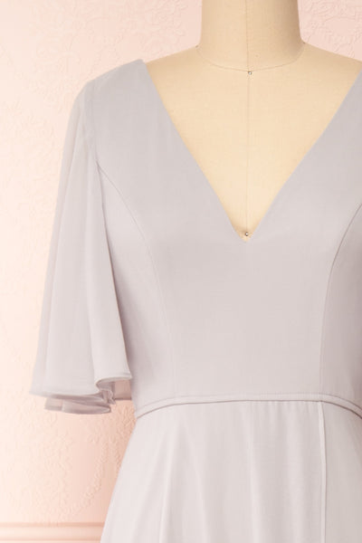 Adelphia Grey Short Sleeve Chiffon Maxi Dress | Boutique 1861  front close-up