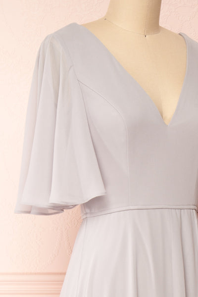 Adelphia Grey Short Sleeve Chiffon Maxi Dress | Boutique 1861  side close-up