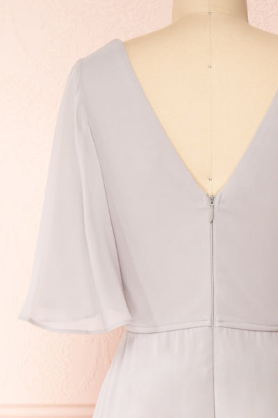 Adelphia Grey Short Sleeve Chiffon Maxi Dress | Boutique 1861  back close-up
