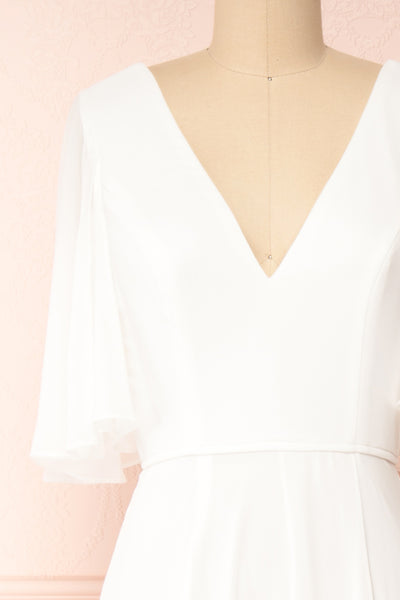 Adelphia Ivory White Short Sleeve Chiffon Maxi Dress | Boutique 1861  front close-up