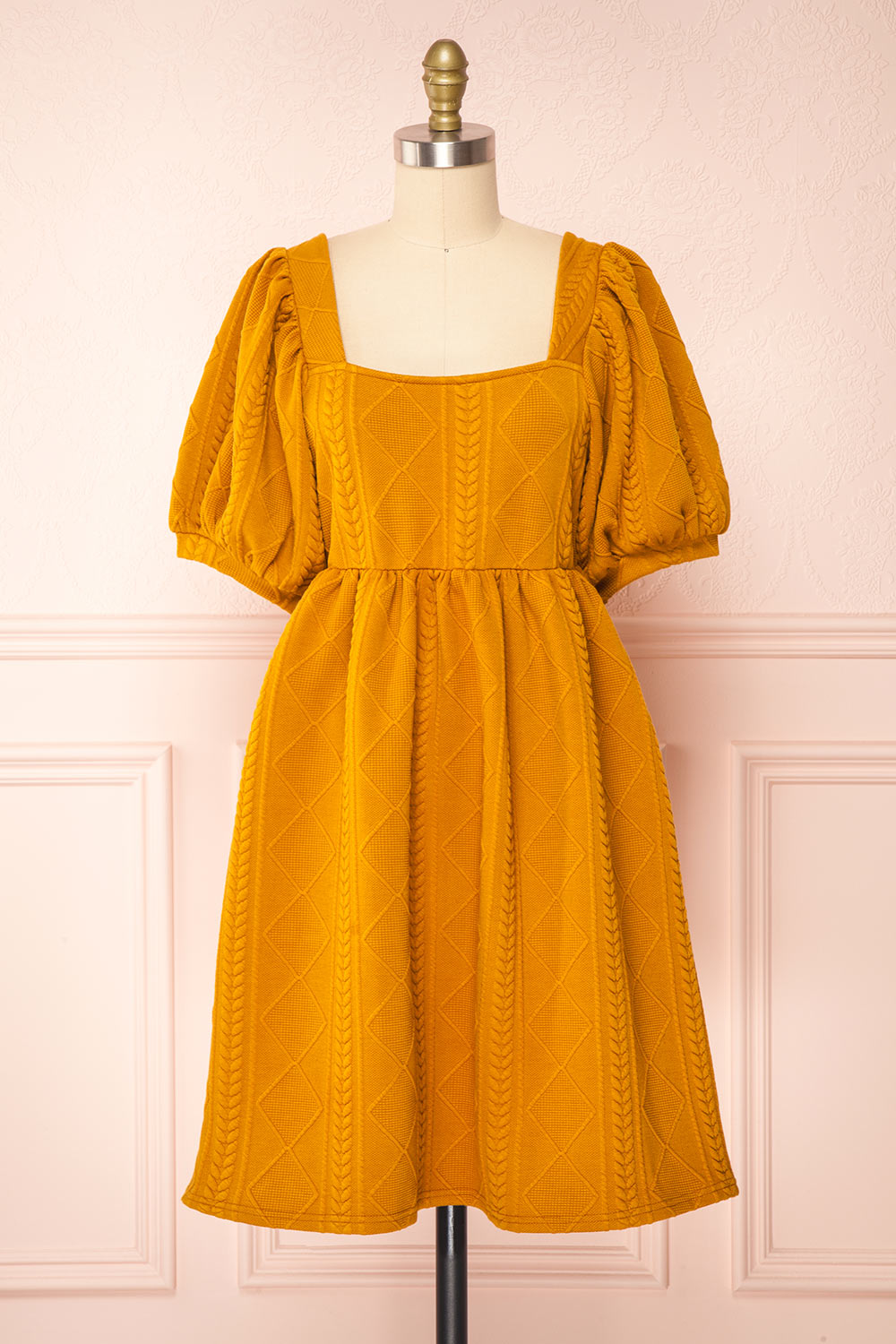 Adema Mustard Puffy Sleeve Knitted Dress | La petite garçonne front view 