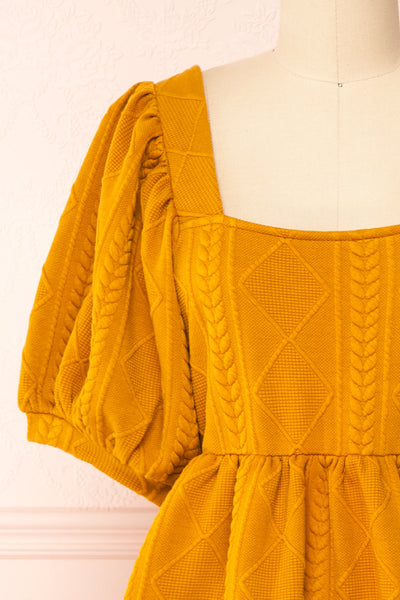Adema Mustard Puffy Sleeve Knitted Dress | La petite garçonne front close-up