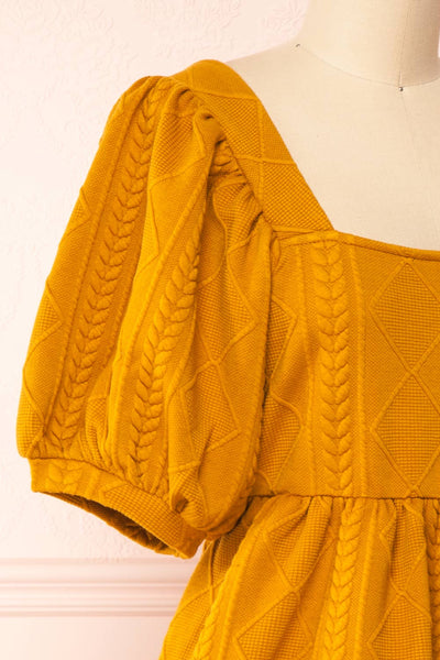 Adema Mustard Puffy Sleeve Knitted Dress | La petite garçonne side close-up