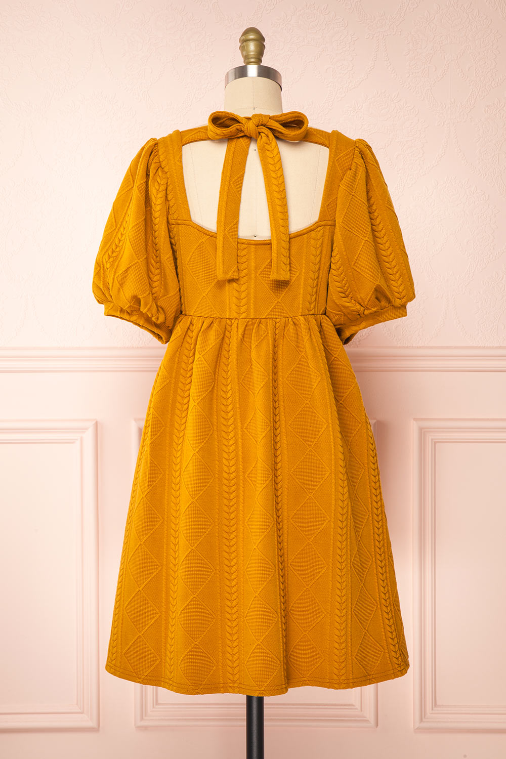 Adema Mustard Puffy Sleeve Knitted Dress | La petite garçonne back view 