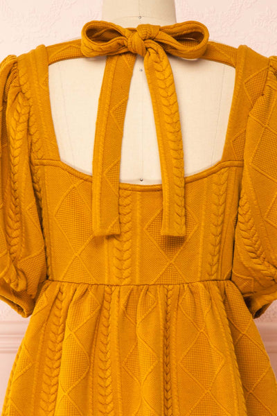 Adema Mustard Puffy Sleeve Knitted Dress | La petite garçonne back close-up