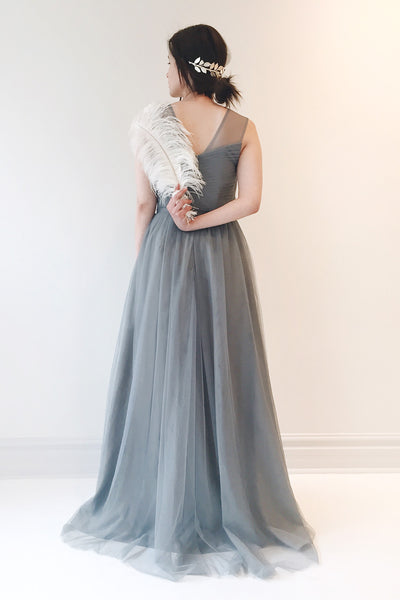 Adifa Sea Blue-Grey Net Tulle Sleeveless A-Line Gown | Boudoir 1861 10