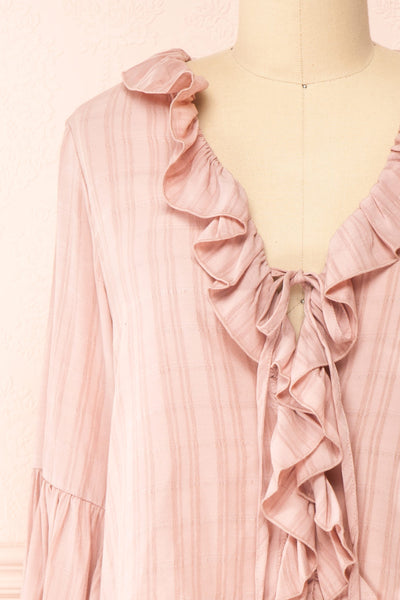 Adorae Pink Long Sleeve Blouse w/ Ruffled Collar | Boutique 1861 front close-up