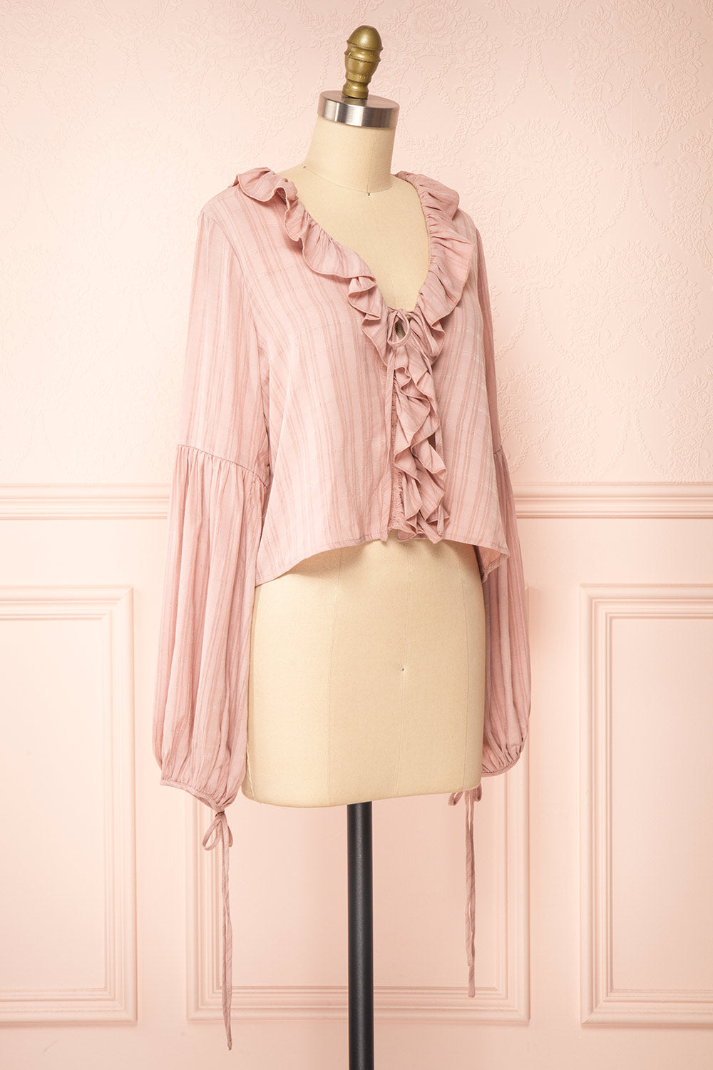 Adorae Pink Long Sleeve Blouse w/ Ruffled Collar | Boutique 1861 side view 