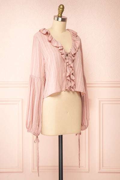 Adorae Pink Long Sleeve Blouse w/ Ruffled Collar | Boutique 1861 side view