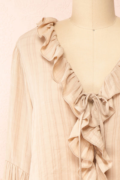 Adorae Taupe Long Sleeve Blouse w/ Ruffled Collar | Boutique 1861 front close-up