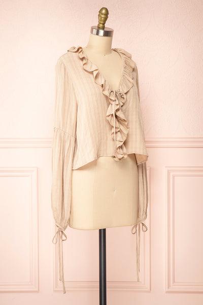 Adorae Taupe Long Sleeve Blouse w/ Ruffled Collar | Boutique 1861 side view