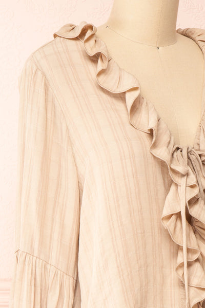 Adorae Taupe Long Sleeve Blouse w/ Ruffled Collar | Boutique 1861 side close-up