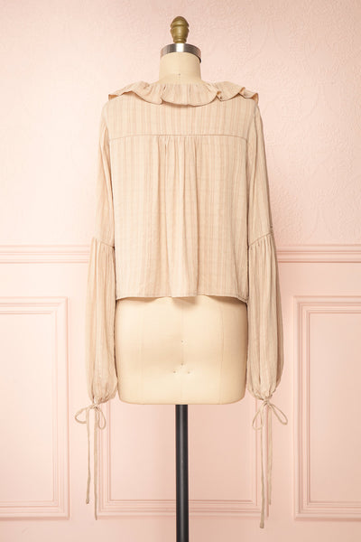 Adorae Taupe Long Sleeve Blouse w/ Ruffled Collar | Boutique 1861 back view