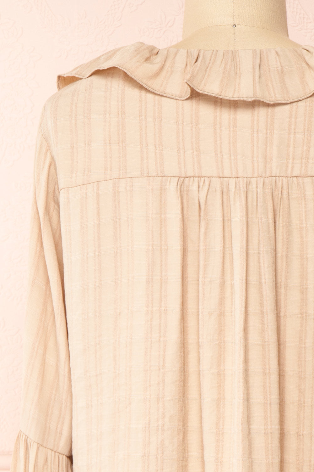 Adorae Taupe Long Sleeve Blouse w/ Ruffled Collar | Boutique 1861 back close-up