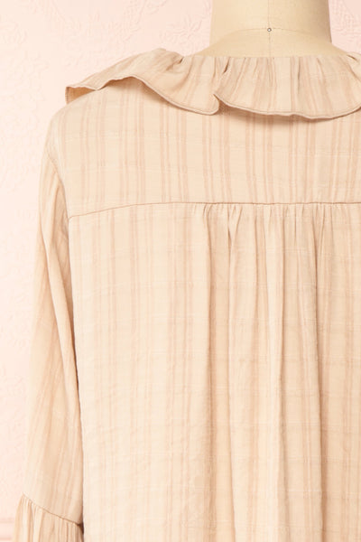 Adorae Taupe Long Sleeve Blouse w/ Ruffled Collar | Boutique 1861 back close-up