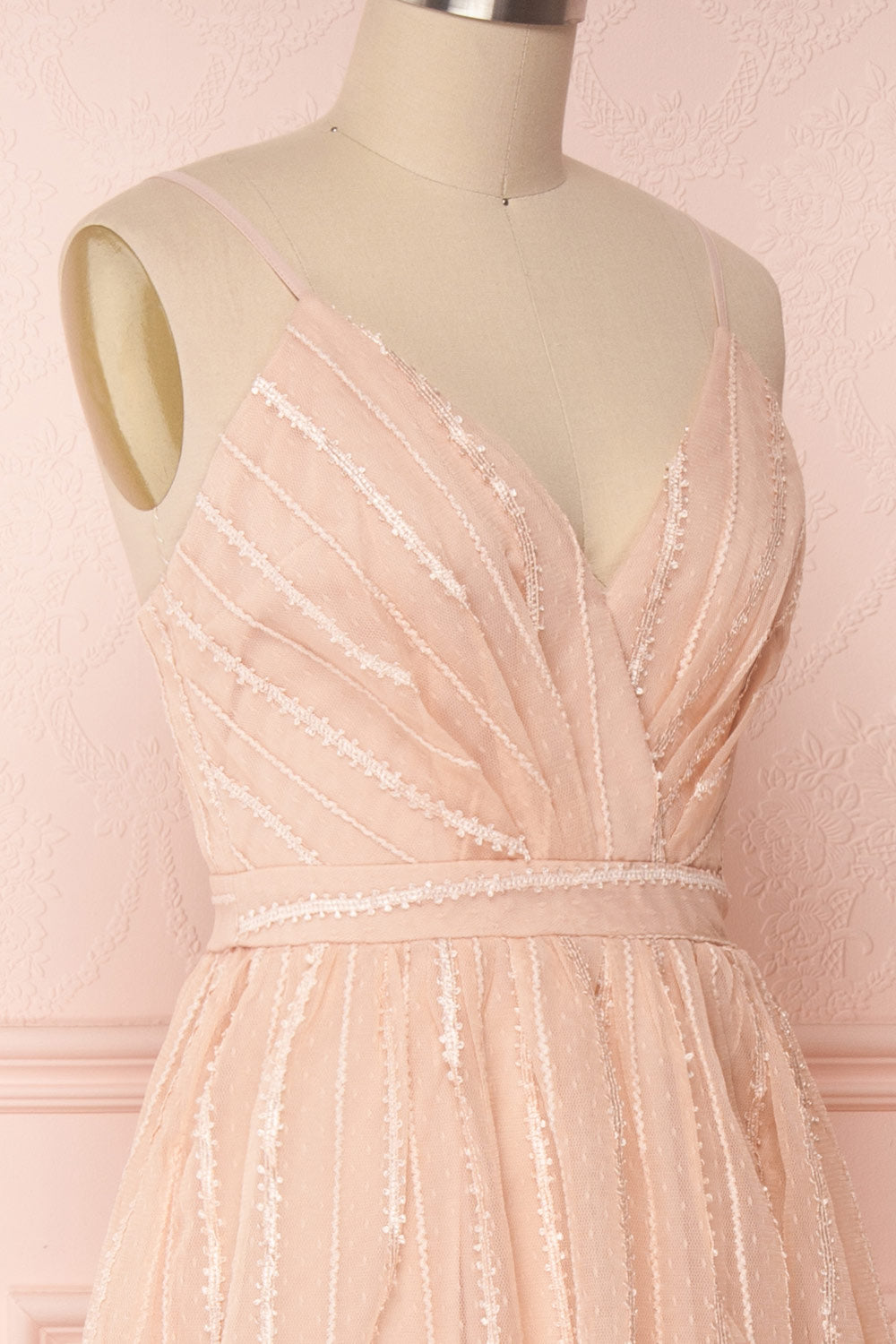 Aegis Lychee Pink Striped Mesh A-Line Gown | Boutique 1861 4