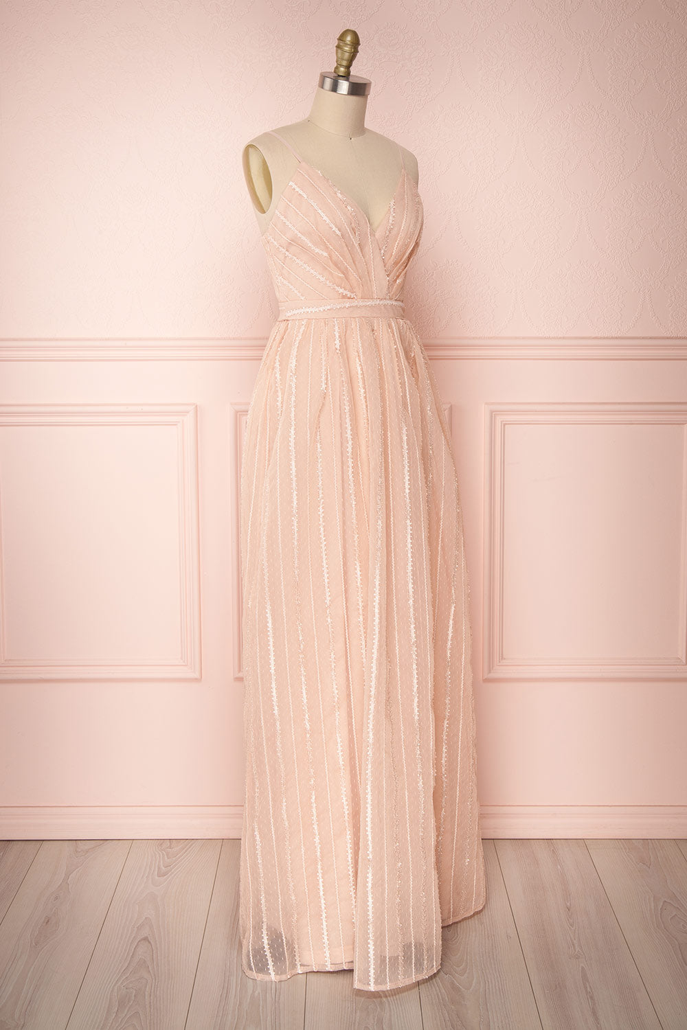 Aegis Lychee Pink Striped Mesh A-Line Gown | Boutique 1861 3