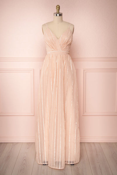 Aegis Lychee Pink Striped Mesh A-Line Gown | Boutique 1861