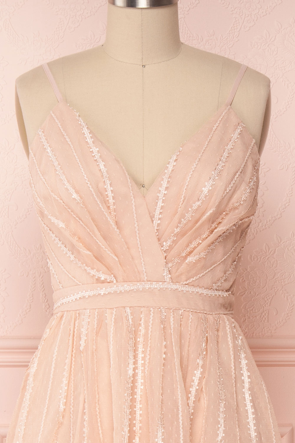 Aegis Lychee Pink Striped Mesh A-Line Gown | Boutique 1861 2