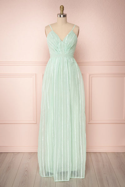 Aegis Mint Green Striped Mesh A-Line Gown | Boutique 1861