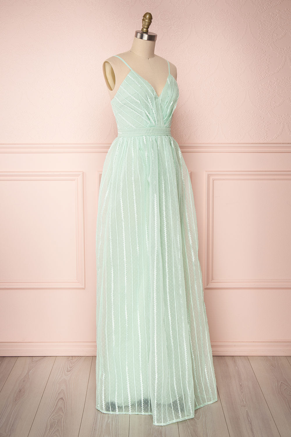 Aegis Lychee Pink Striped Mesh A-Line Gown | Boutique 1861 3