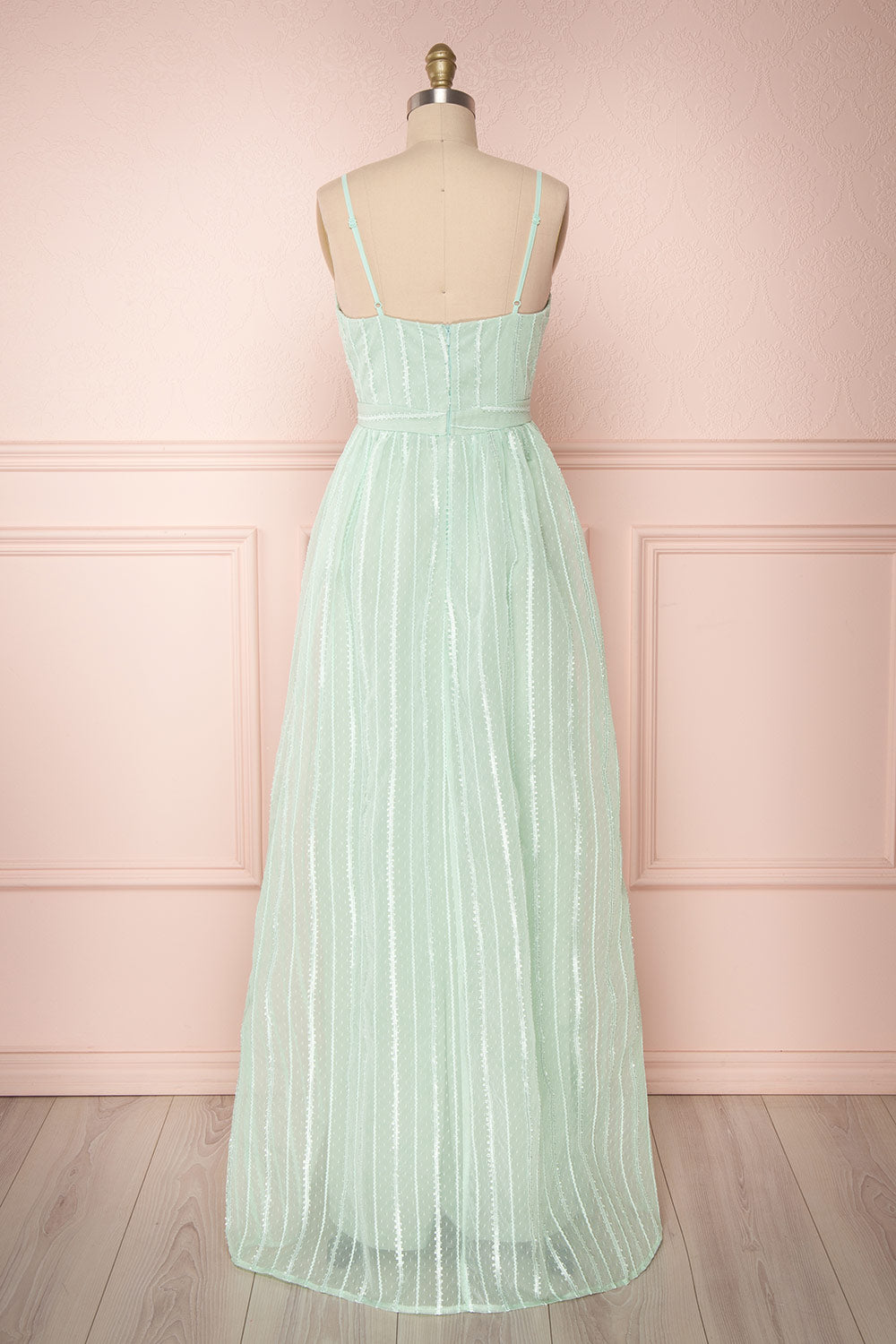 Aegis Lychee Pink Striped Mesh A-Line Gown | Boutique 1861 5
