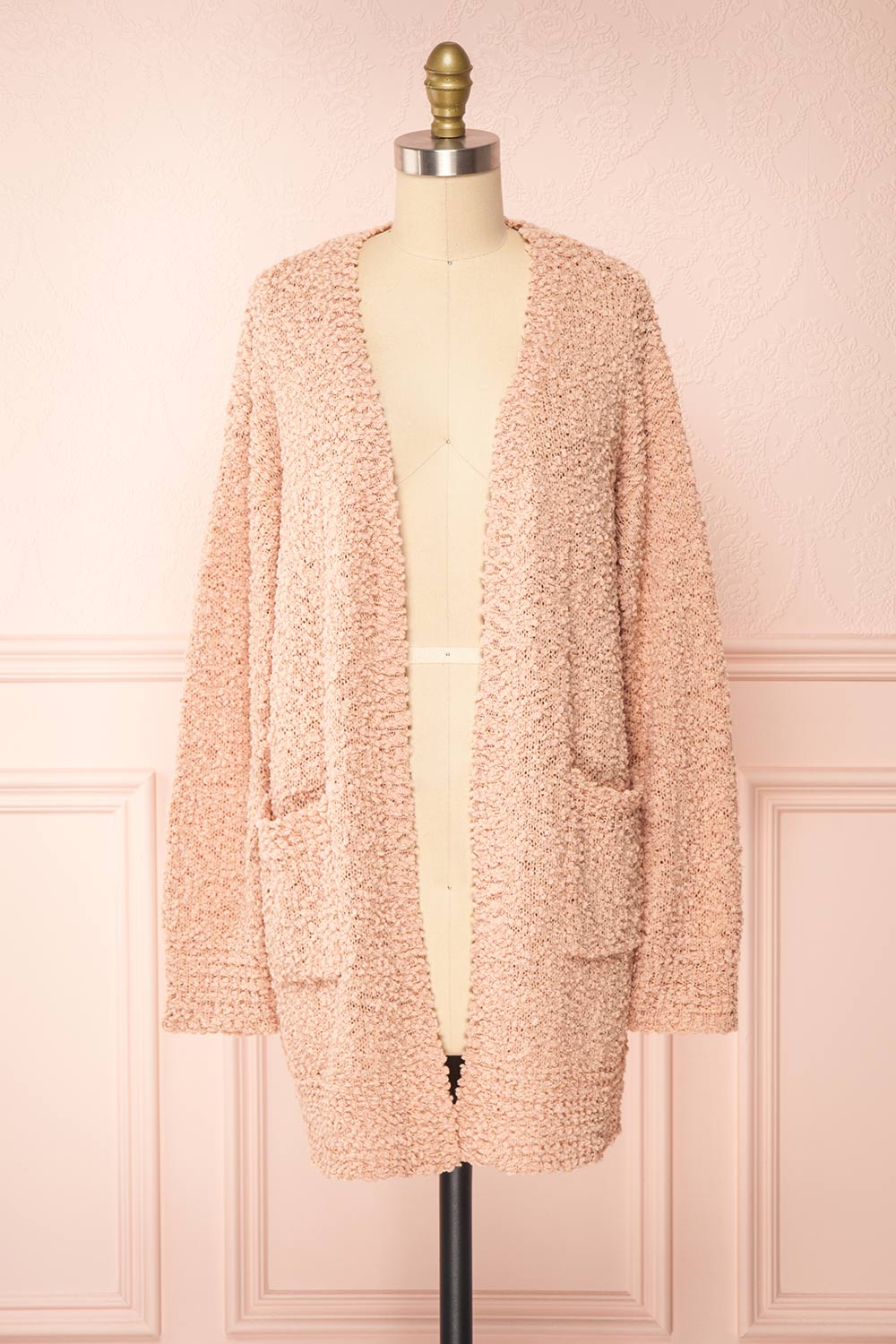 Aegle Blush Pink Long Fuzzy Knitted Cardigan | Boutique 1861 front view 