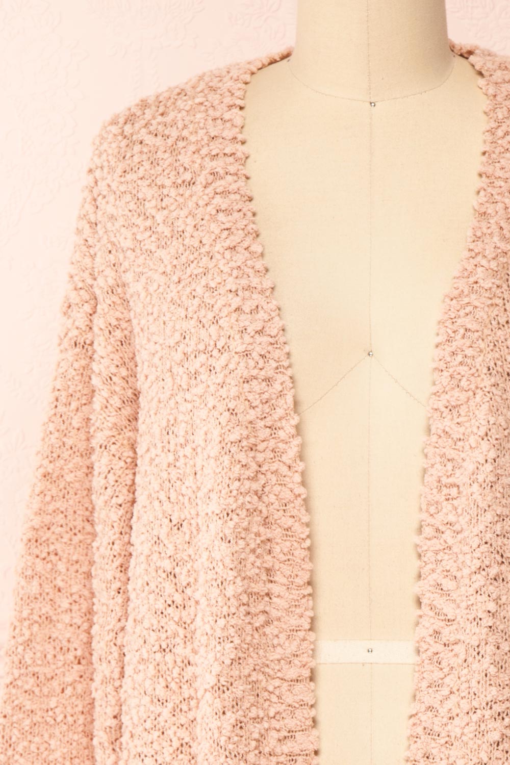 Aegle Blush Pink Long Fuzzy Knitted Cardigan | Boutique 1861 front close-up