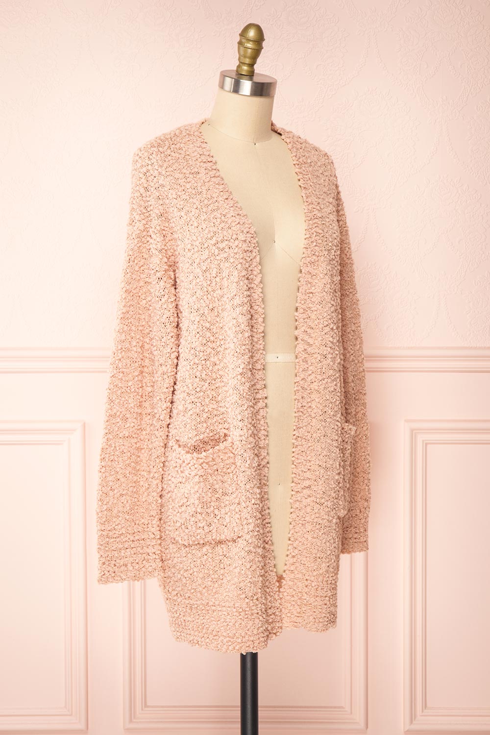 Aegle Blush Pink Long Fuzzy Knitted Cardigan | Boutique 1861 side view  