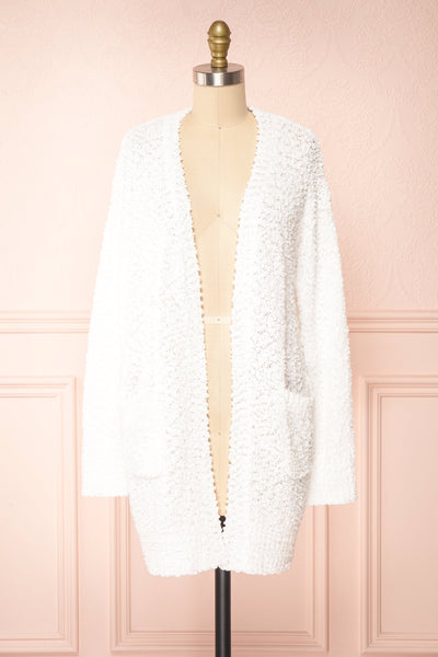 Aegle Ivory Long Fuzzy Knitted Cardigan | Boutique 1861 front view