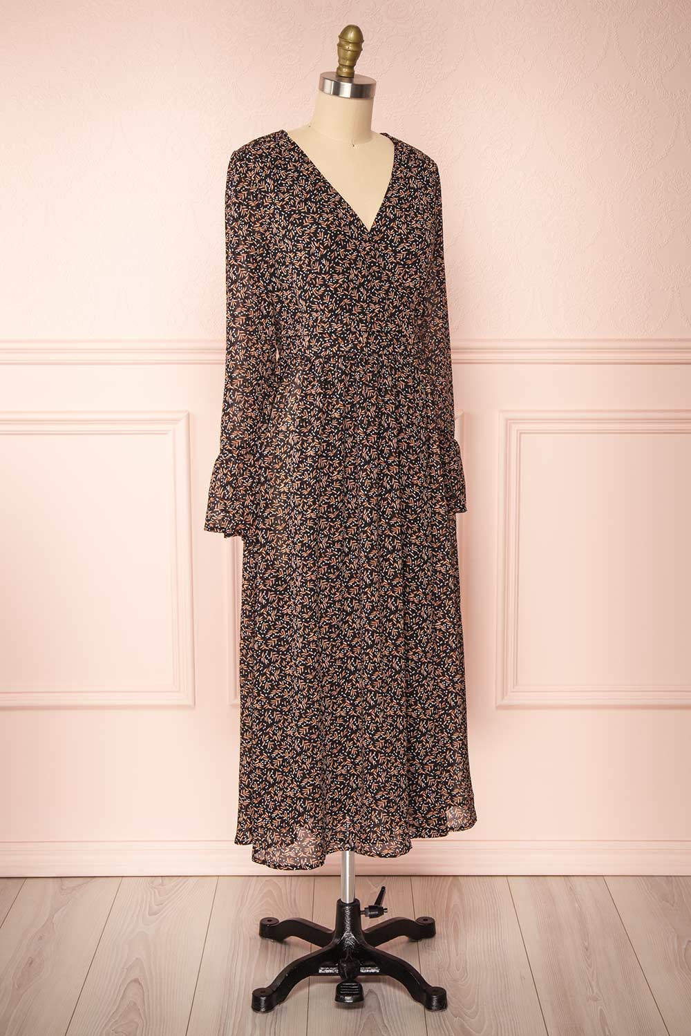 Agape Black Floral Long Sleeve Wrap Dress | Boutique 1861 side view 