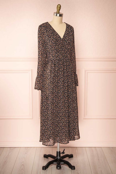 Agape Black Floral Long Sleeve Wrap Dress | Boutique 1861 side view