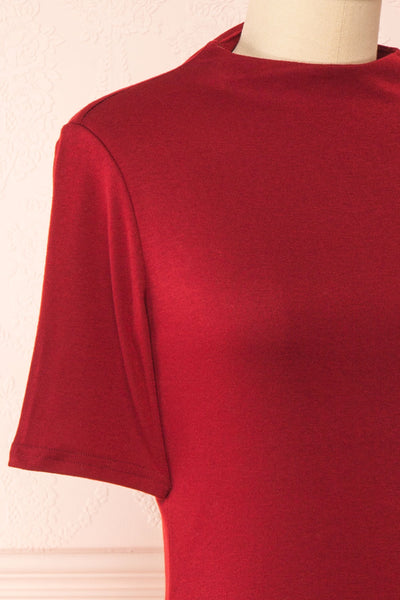 Agnees Burgundy Mock Neck Crop T-Shirt | Boutique 1861 side close-up