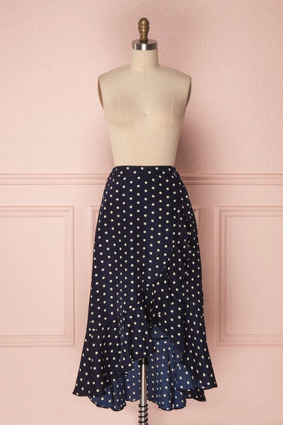 Ailish Navy Blue & Cream Polkadot Midi Wrap Skirt | Boutique 1861