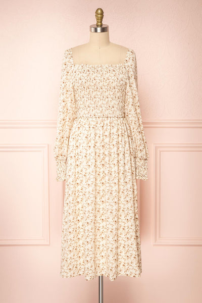 Aimee Cream Square Neck Floral Midi Dress | Boutique 1861 front view