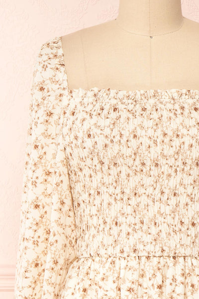 Aimee Cream Square Neck Floral Midi Dress | Boutique 1861 front close-up