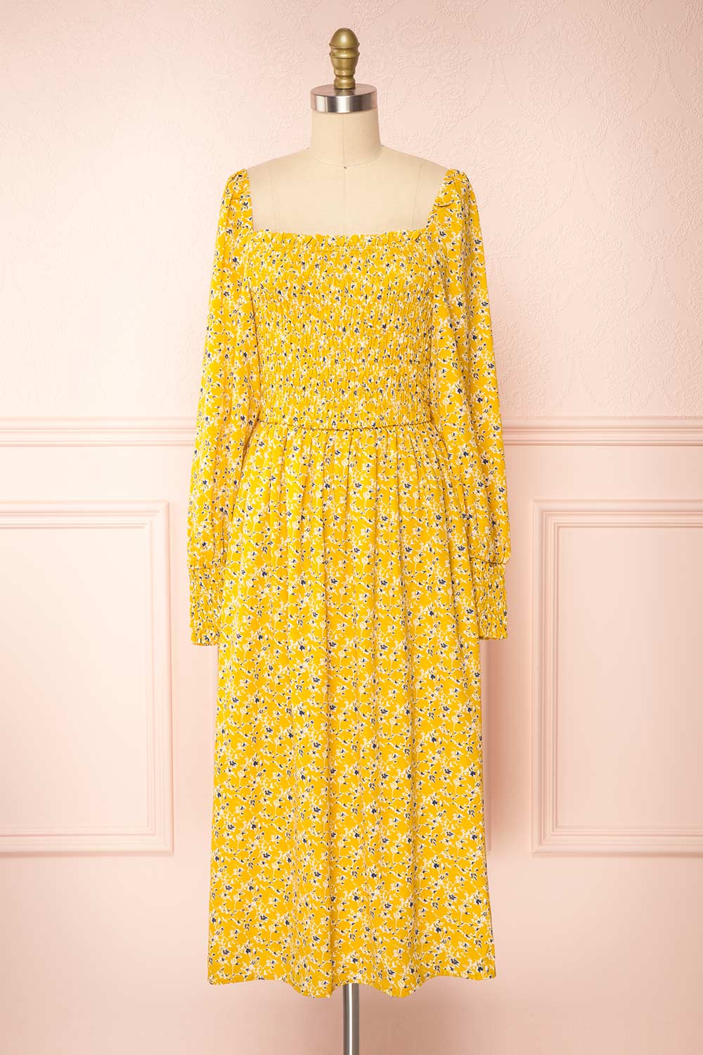 Aimee Yellow Square Neck Floral Midi Dress | Boutique 1861 front view 