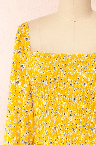 Aimee Yellow Square Neck Floral Midi Dress | Boutique 1861 front close-up