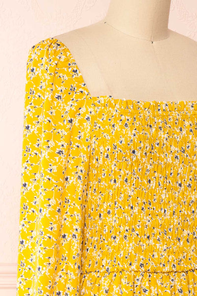 Aimee Yellow Square Neck Floral Midi Dress | Boutique 1861 side close-up