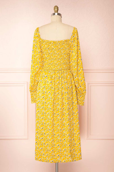 Aimee Yellow Square Neck Floral Midi Dress | Boutique 1861 back view
