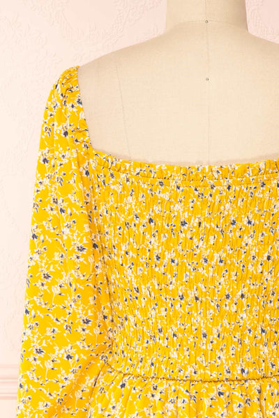 Aimee Yellow Square Neck Floral Midi Dress | Boutique 1861 back close-up