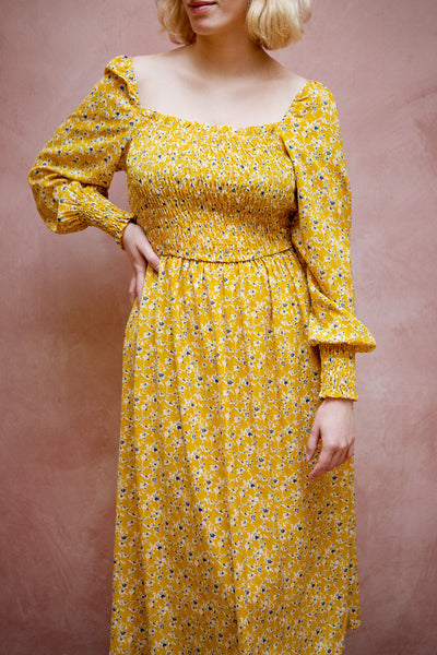 Aimee Yellow Square Neck Floral Midi Dress | Boutique 1861 model