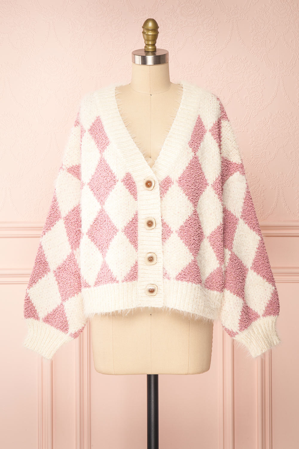 Airavata White & Pink Diamond Pattern Cardigan | Boutique 1861 front view 