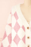 Airavata White & Pink Diamond Pattern Cardigan | Boutique 1861 front close-up