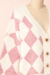 Airavata White & Pink Diamond Pattern Cardigan | Boutique 1861 side close-up