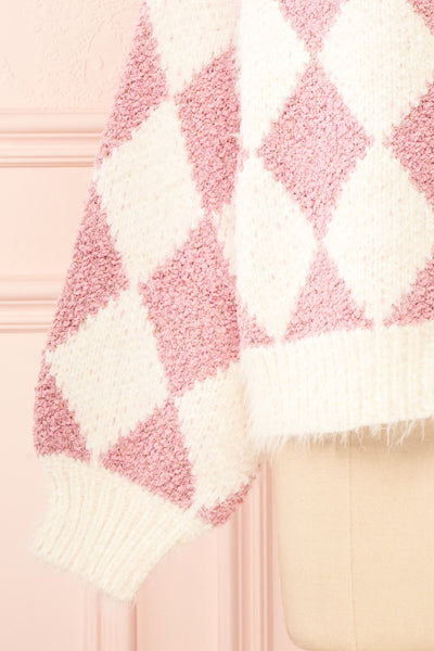 Airavata White & Pink Diamond Pattern Cardigan | Boutique 1861 bottom