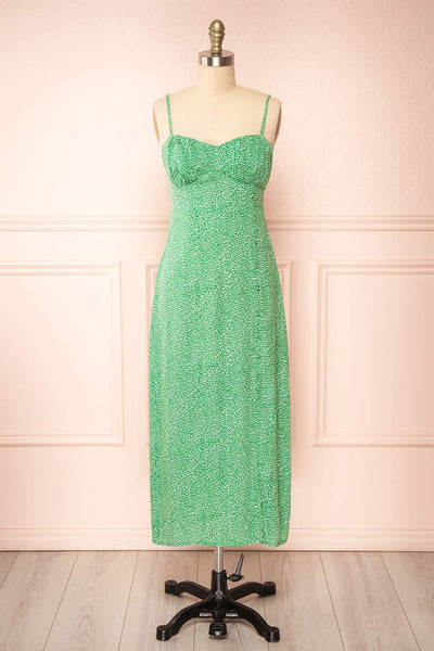Aisai Patterned Green Midi Dress w/ Slit | Boutique 1861 front view