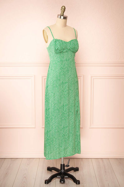 Aisai Patterned Green Midi Dress w/ Slit | Boutique 1861 side view