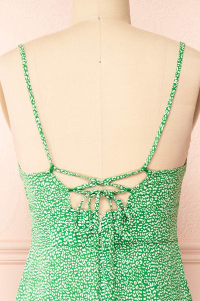 Aisai Patterned Green Midi Dress w/ Slit | Boutique 1861 back close-up